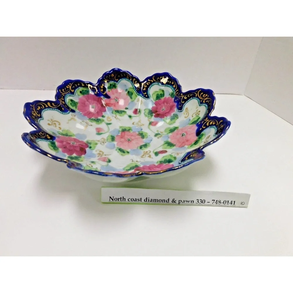 Vtg Japanese Hand Painted Porcelain Floral Bowl Cobalt Blue Gold Gilt Edge DH04